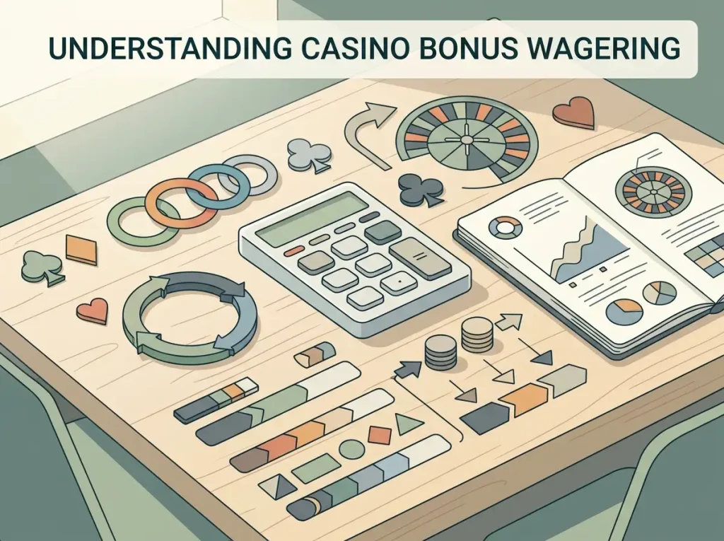 Neutral turnover-planning scene with progress markers, a calculator pad and abstract casino-game symbols without amounts or branding