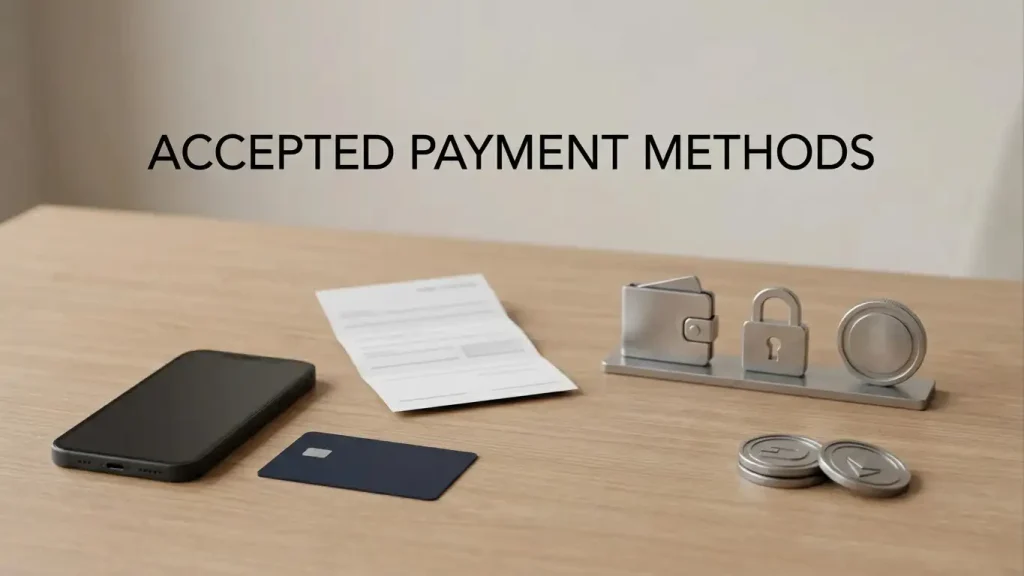 A neutral payment-selection scene with a bank card, phone, wallet symbols and cryptocurrency shapes