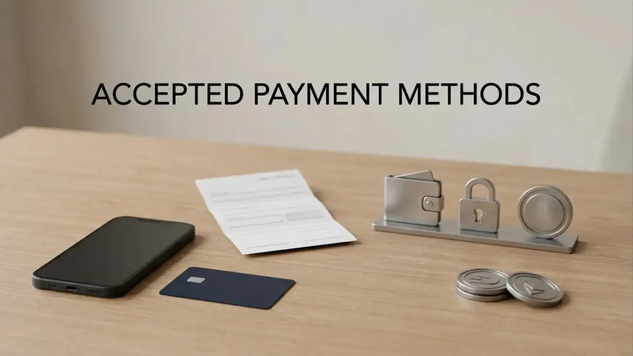 A neutral payment-selection scene with a bank card, phone, wallet symbols and cryptocurrency shapes