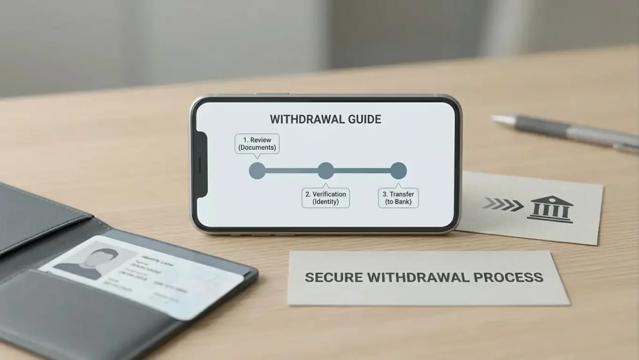 A neutral cash-out scene with a phone, identity document and transfer progress indicators