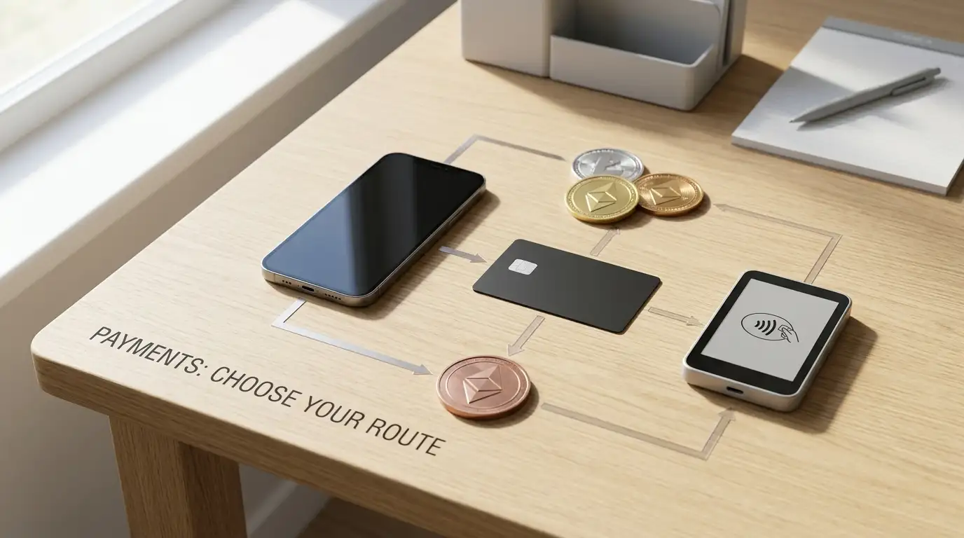 A phone beside a bank card, transfer icon and abstract cryptocurrency tokens arranged as payment routes